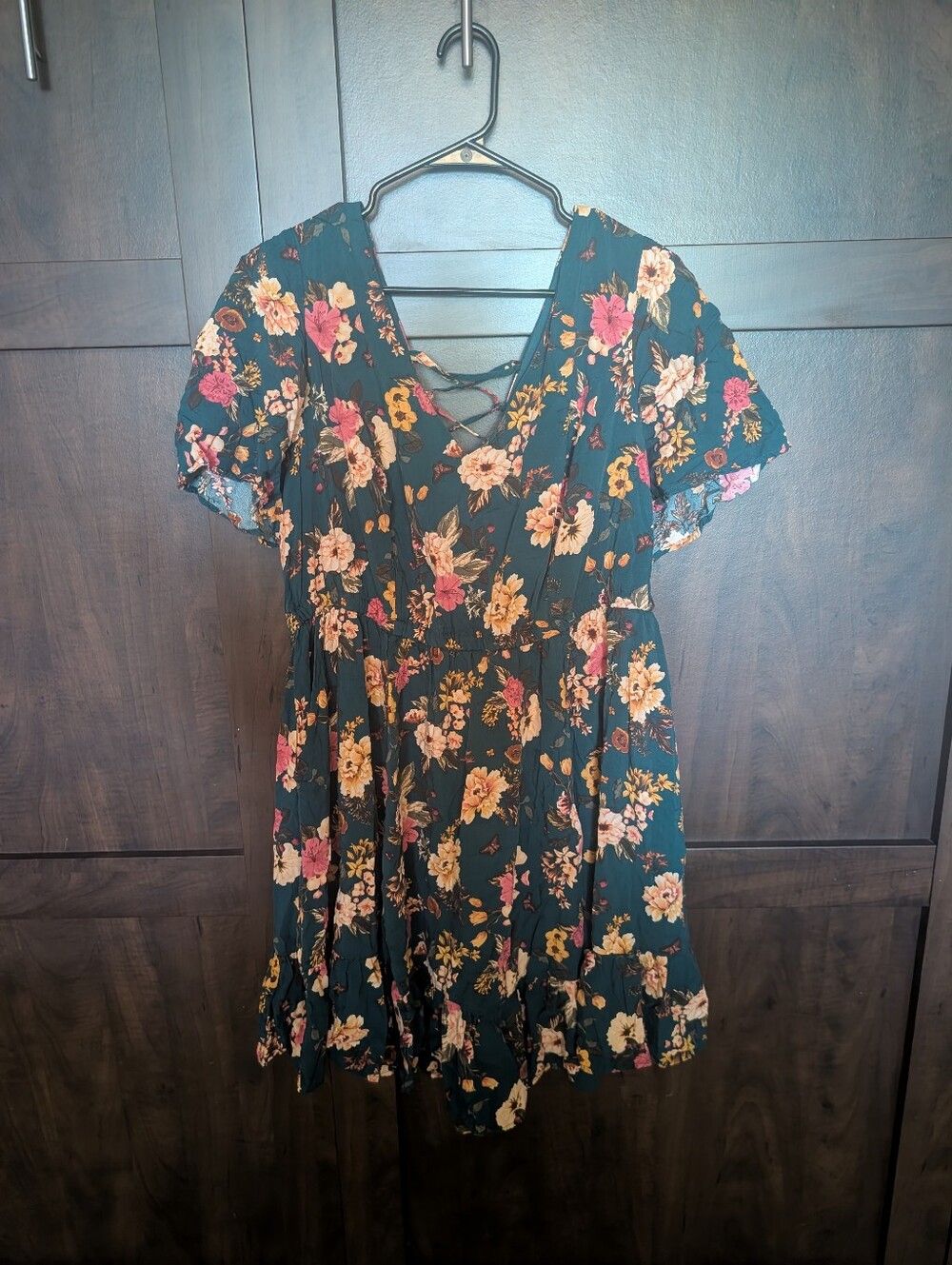 torrid Teal Floral V-Neck Dress with Pink and Cream Accents